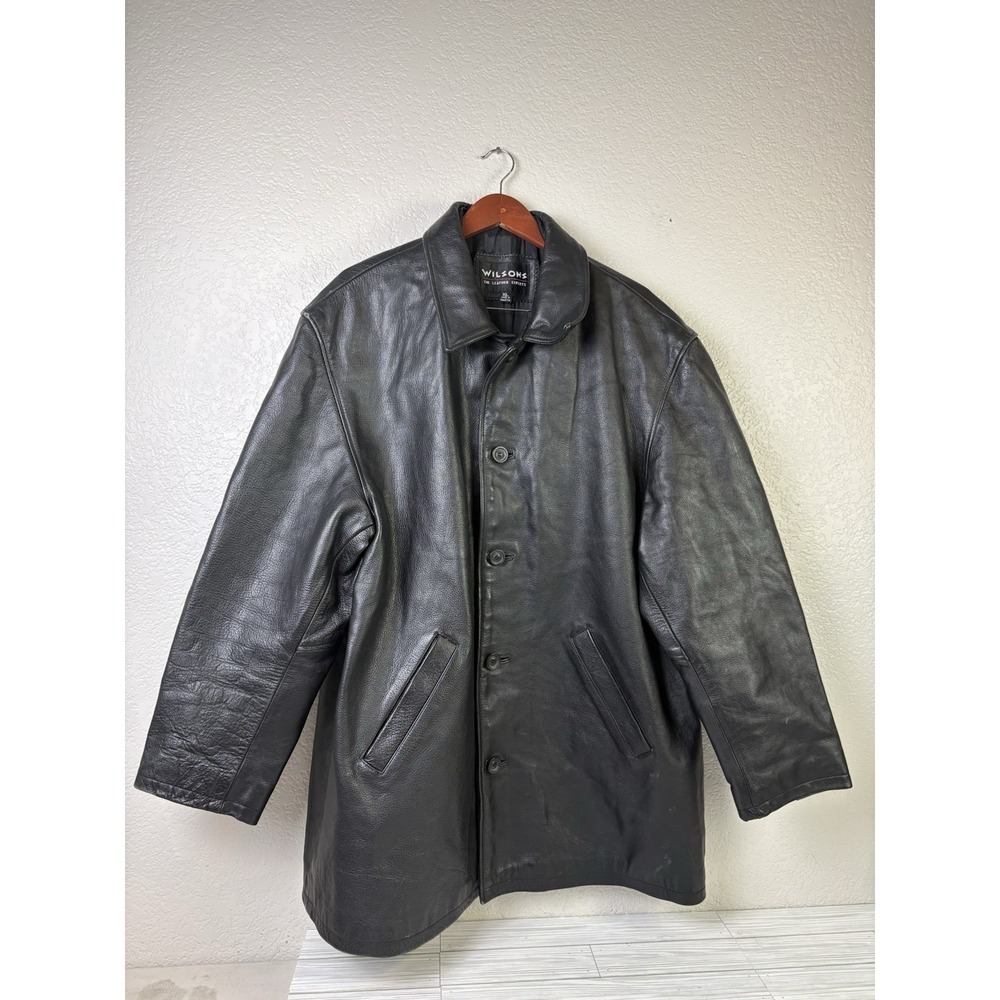 Vintage Mens Wilsons Black Long Leather Jacket RN69426 Size XL Liner Missing